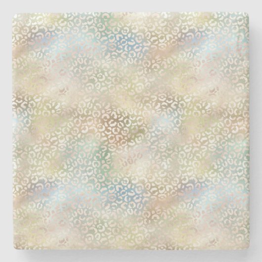 ティール（緑がかった色）ブルー金ゴールドグリーングラムレオパードプリント ストーンコースター (正面)