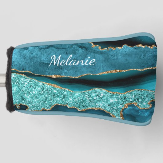 ティール（緑がかった色）ブルー金ゴールドゴルフヘッドカバー付名前をカスタムする ゴルフヘッドカバー (正面)