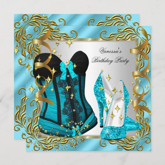 ティール(緑がかった色)ブルー金ゴールドシルバーコルセットハイヒールパーティー 招待状 (正面/裏面)