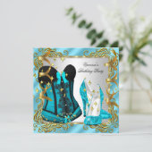 ティール（緑がかった色）ブルー金ゴールドシルバーコルセットハイヒールパーティー 招待状 (スタンド正面)