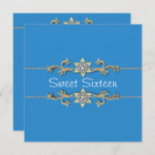 ティール（緑がかった色）ブルー金ゴールドダイヤモンドSweet sixteen招待状 招待状 (正面/裏面)