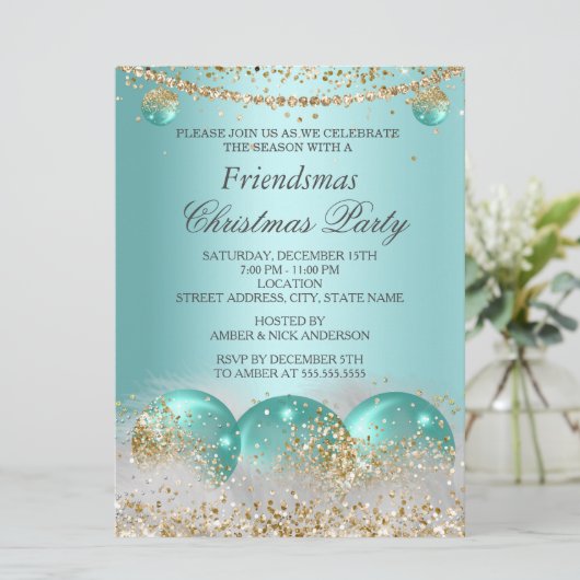 ティール（緑がかった色）ブルー金ゴールドバウスフレンドスマスクリスマスパーティー 招待状 (スタンド正面)