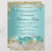 ティール（緑がかった色）ブルー金ゴールドバウスフレンドスマスクリスマスパーティー 招待状 (正面/裏面)