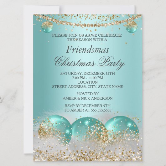 ティール（緑がかった色）ブルー金ゴールドバウスフレンドスマスクリスマスパーティー 招待状 (正面)