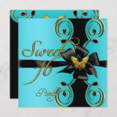 ティール（緑がかった色）ブルー金ゴールドバタフライスウィート16Sweet sixteen 招待状 (正面/裏面)