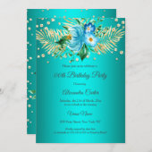 ティール（緑がかった色）ブルー金ゴールドパームズフローラバースデーパーティー 招待状 (正面/裏面)