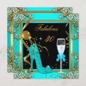 ティール(緑がかった色)ブルー金ゴールドファブラス30バースデーパーティー 招待状 (正面/裏面)