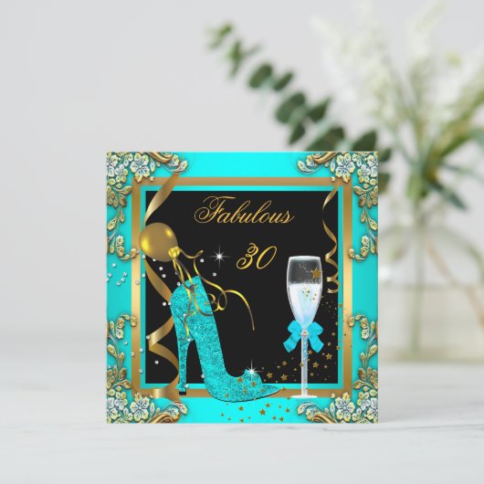 ティール(緑がかった色)ブルー金ゴールドファブラス30バースデーパーティー 招待状 (スタンド正面)