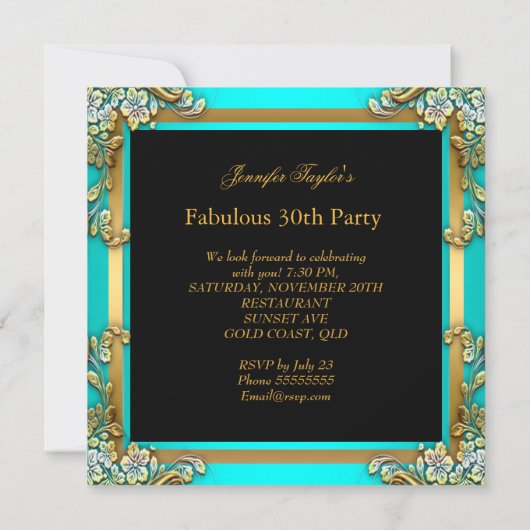 ティール（緑がかった色）ブルー金ゴールドファブラス30バースデーパーティー 招待状 (裏面)