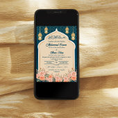 ティール(緑がかった色)ブルー金ゴールドフローライスラム結婚教徒 招待状