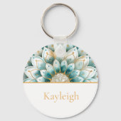 ティール(緑がかった色)ブルー金ゴールドフローラマンダラパーソナライズされた キーホルダー (正面)