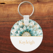 ティール（緑がかった色）ブルー金ゴールドフローラマンダラパーソナライズされた キーホルダー (正面)