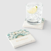 ティール（緑がかった色）ブルー金ゴールドフローラマンダラパーソナライズされた ストーンコースター (横)