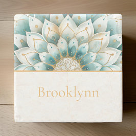 ティール（緑がかった色）ブルー金ゴールドフローラマンダラパーソナライズされた ストーンコースター