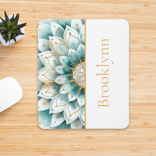 ティール(緑がかった色)ブルー金ゴールドフローラマンダラパーソナライズされた マウスパッド