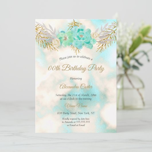 ティール(緑がかった色)ブルー金ゴールドフローラ水彩バースデーパーティー 招待状 (スタンド正面)