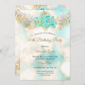 ティール（緑がかった色）ブルー金ゴールドフローラ水彩バースデーパーティー 招待状 (正面/裏面)
