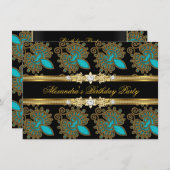 ティール（緑がかった色）ブルー金ゴールドブラックエレガントバースデーパーティー 招待状 (正面/裏面)