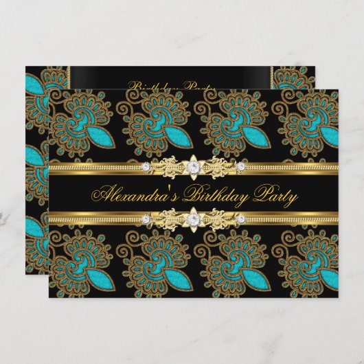 ティール（緑がかった色）ブルー金ゴールドブラックエレガントバースデーパーティー 招待状 (正面/裏面)
