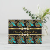 ティール（緑がかった色）ブルー金ゴールドブラックエレガントバースデーパーティー 招待状 (スタンド正面)