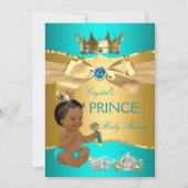 ティール(緑がかった色)ブルー金ゴールドプリンスベビーシャワーエスニック 招待状 (正面)
