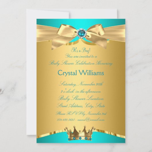 ティール（緑がかった色）ブルー金ゴールドプリンスベビーシャワーエスニック 招待状 (裏面)