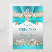 ティール(緑がかった色)ブルー金ゴールドプリンセスベビーシャワー台車 招待状 (正面)