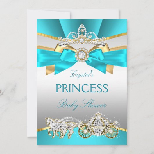 ティール(緑がかった色)ブルー金ゴールドプリンセスベビーシャワー台車 招待状 (正面)