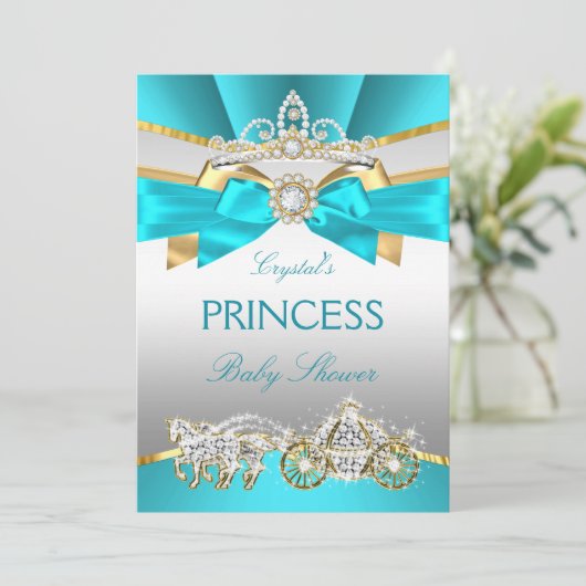 ティール(緑がかった色)ブルー金ゴールドプリンセスベビーシャワー台車 招待状 (スタンド正面)