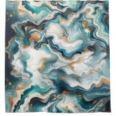 ティール（緑がかった色）ブルー金ゴールドホワイトマーブルモダンアゲート シャワーカーテン (正面)