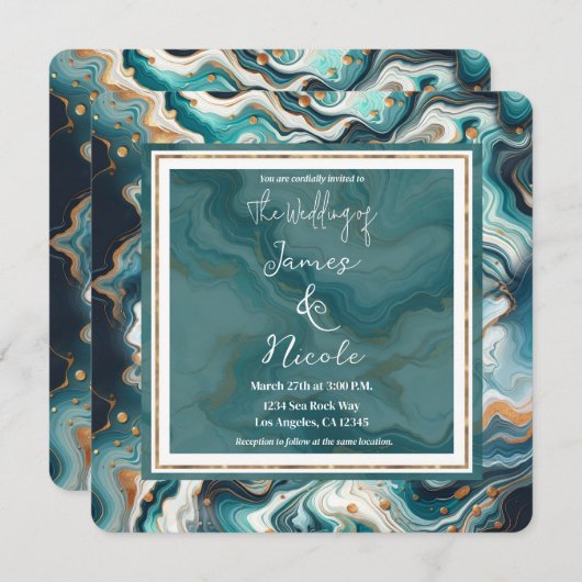 ティール(緑がかった色)ブルー金ゴールドホワモダンイトマーブルアゲ結婚ート 招待状 (正面/裏面)