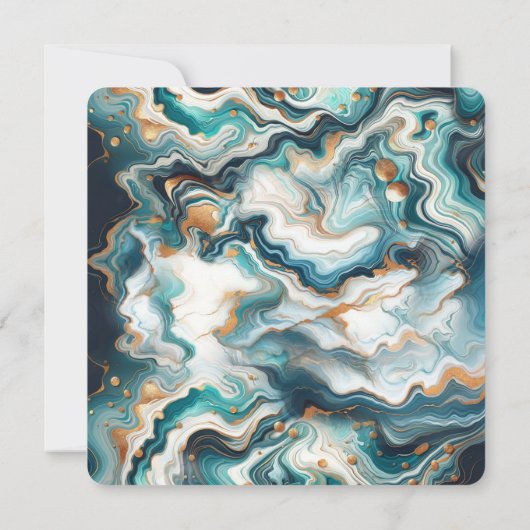 ティール(緑がかった色)ブルー金ゴールドホワモダンイトマーブルアゲ結婚ート 招待状 (裏面)