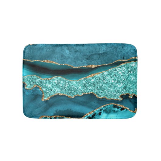 ティール(緑がかった色)ブルー金ゴールドマーブルアクアターコイズバスマット バスマット (正面)