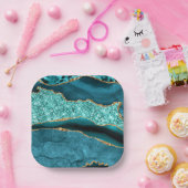 ティール（緑がかった色）ブルー金ゴールドマーブルアクアターコイズ紙プレート ペーパープレート (パーティー)