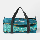 ティール（緑がかった色）ブルー金ゴールドマーブルターコイズと名前をカスタムする ダッフルバッグ (裏面)