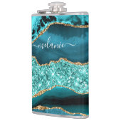 ティール（緑がかった色）ブルー金ゴールドマーブルターコイズ名前をカスタムするフラスコ フラスク (左)