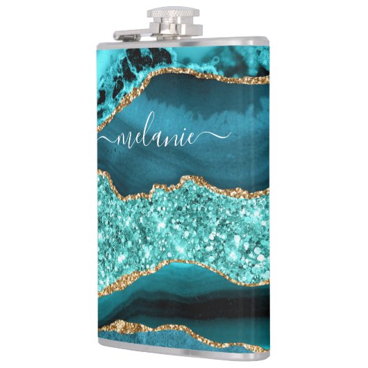 ティール（緑がかった色）ブルー金ゴールドマーブルターコイズ名前をカスタムするフラスコ フラスク (左)