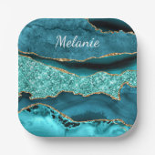 ティール（緑がかった色）ブルー金ゴールドマーブル名前をカスタムする紙プレート ペーパープレート (正面)