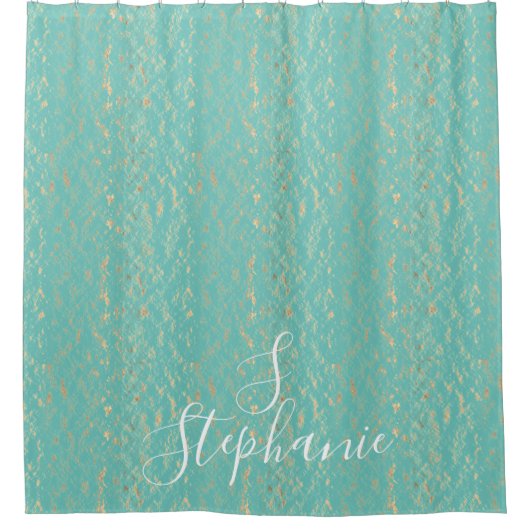 ティール(緑がかった色)ブルー金ゴールドヴィンテージグリタリーモノグラムイニシャル シャワーカーテン (正面)
