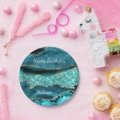 ティール(緑がかった色)ブルー金ゴールド名前をカスタムする誕生日紙プレート ペーパープレート (パーティー)