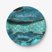 ティール（緑がかった色）ブルー金ゴールド名前をカスタムする誕生日紙プレート ペーパープレート (正面)