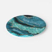 ティール(緑がかった色)ブルー金ゴールド名前をカスタムする誕生日紙プレート ペーパープレート (アングル)