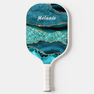 ティール（緑がかった色）ブルー金ゴールド大理石あなたの名前ピックボールパドル ピックルボールラケット