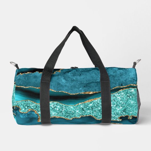 ティール（緑がかった色）ブルー金ゴールド大理石ターコイズカスタムあなたの名前 ダッフルバッグ (正面)