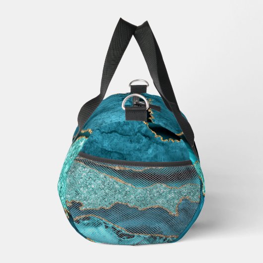 ティール（緑がかった色）ブルー金ゴールド大理石ターコイズカスタムあなたの名前 ダッフルバッグ (右)