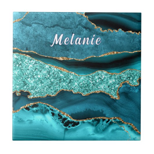 ティール（緑がかった色）ブルー金ゴールド大理石ターコイズタイル名前をカスタムする タイル (正面)