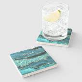 ティール(緑がかった色)ブルー金ゴールド大理石名前をカスタムするストーンコースター ストーンコースター (横)