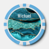 ティール(緑がかった色)ブルー金ゴールド大理石名前をカスタムするトランプのポーカーチップ ポーカーチップ (正面)