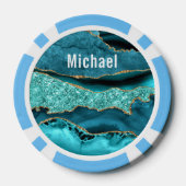 ティール(緑がかった色)ブルー金ゴールド大理石名前をカスタムするトランプのポーカーチップ ポーカーチップ (裏面)