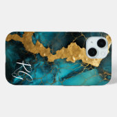 ティール(緑がかった色)ブルー金ゴールド抽象芸術マーブルモノグラム Case-Mate iPhoneケース (裏面 (横))